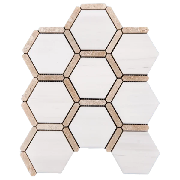 Half sheet of Dolomite with Royal Beige Touch polished marble mosaic in hexagon layout, emphasizing clean interlocking design.