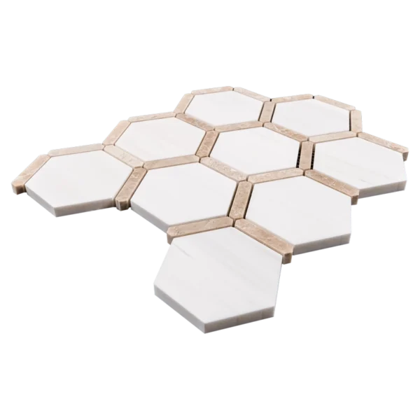 Angled perspective of Dolomite with Royal Beige Touch polished marble hexagon tiles, showing thickness and polished surface.