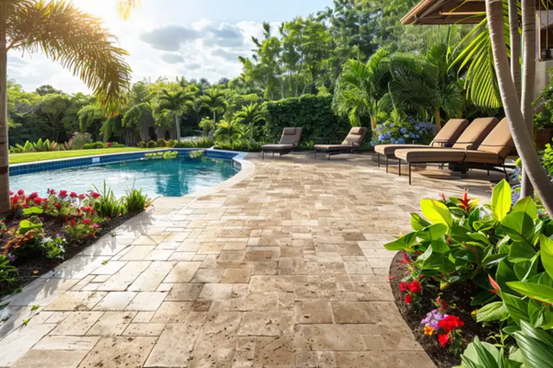Travertine pool deck and brick walkway in a backyard