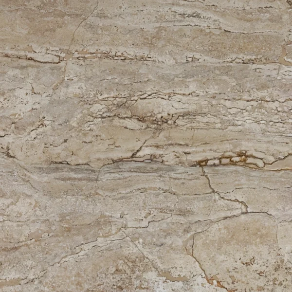 Close-up of Grand Canyon 16"x24" tumbled travertine paver featuring beige and taupe vein-cut bands with rustic fissures and natural pits.