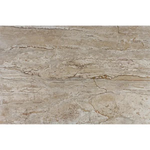 Full view of Grand Canyon 16"x24" tumbled travertine paver showing linear cream-sand striations and warm earth-tone movement.