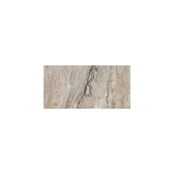 Grand Canyon 6"x12" Tumbled Travertine Paver — full-tile on white background; beige and taupe banding with cream undertones, scattered natural pits, and a matte tumbled finish.