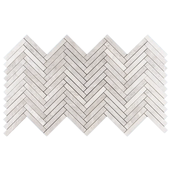 Full sheet of Iceberg 1x6 honed marble mosaic tile in a herringbone pattern, featuring icy white tones and subtle veining.