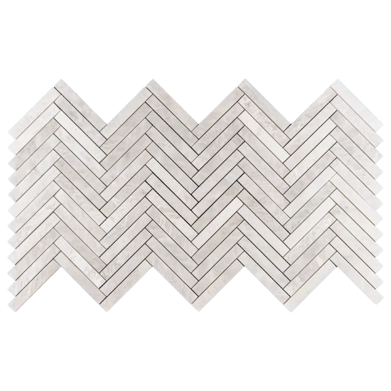 Full sheet of Iceberg 1x6 honed marble mosaic tile in a herringbone pattern, featuring icy white tones and subtle veining.