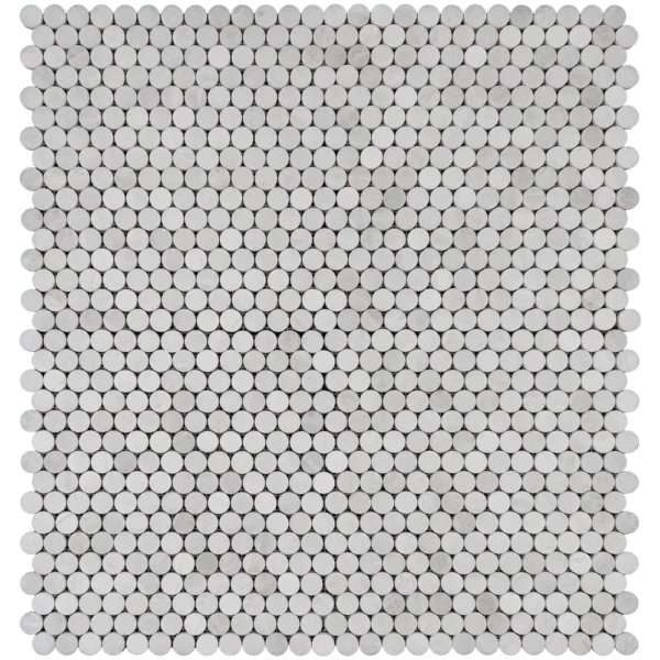 Iceberg penny honed marble mosaic tile sheet featuring uniform round white marble pieces with subtle icy veining.