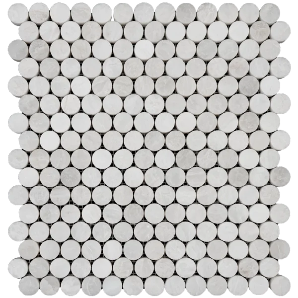 Single sheet of Iceberg penny honed marble mosaic tile with evenly spaced circular marble chips.
