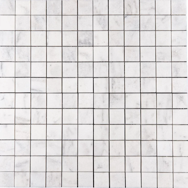 Full sheet of Milas White 2x2 polished marble mosaic tile, featuring square pieces with glossy surface and subtle veining.