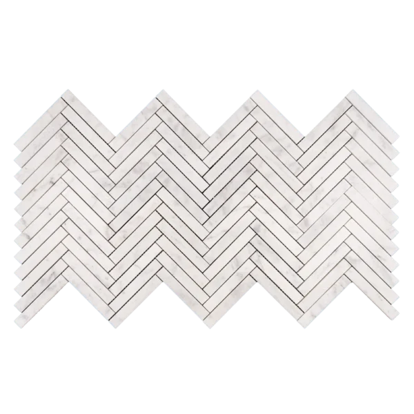 Milas White 1x6 honed marble mosaic sheet in a herringbone pattern, showing the full sheet layout with interlocking edges.