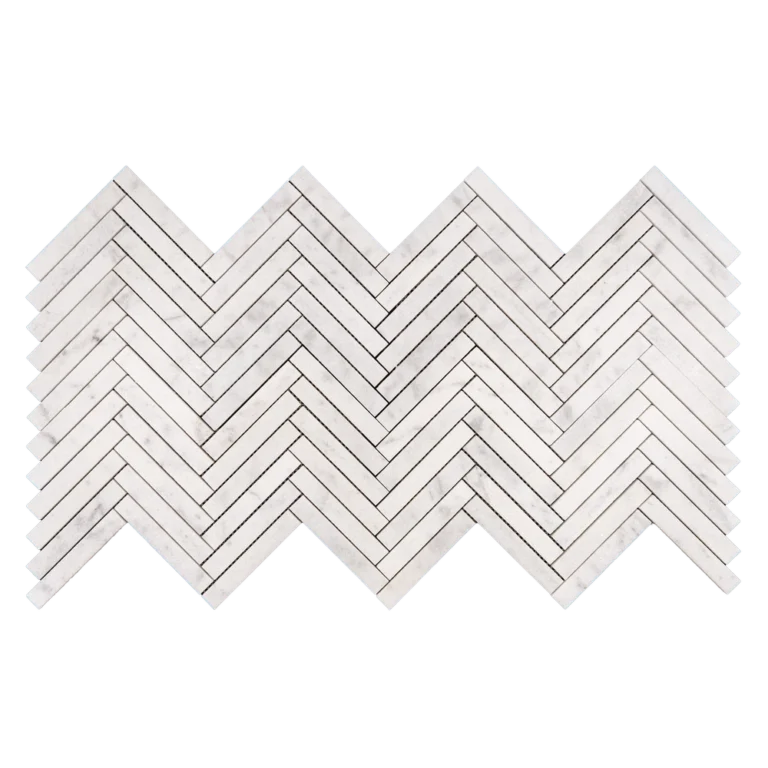 Milas White 1x6 honed marble mosaic sheet in a herringbone pattern, showing the full sheet layout with interlocking edges.