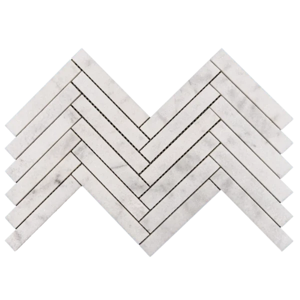 Close-up of Milas White 1x6 honed marble mosaic tile sheet in herringbone design, highlighting the V-shaped interlocking pattern.
