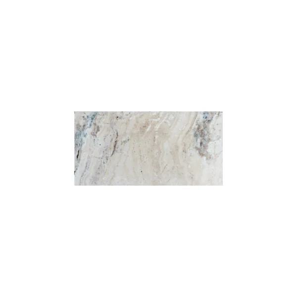 Norwegian River 6"x12" Tumbled Travertine Paver – beige field with river-like bands of gray and faint blue-gray, subtle pores, and a weathered, tumbled finish.