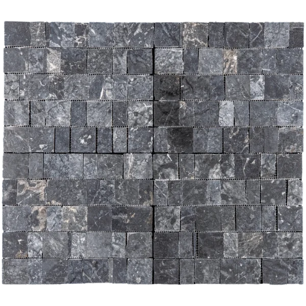 Front view of Pearl Black marble 1x1 “pixel” mosaic—charcoal/graphite squares with light veining, honed finish, mesh-mounted sheet.