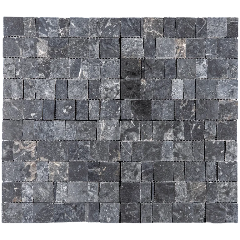 Front view of Pearl Black marble 1x1 “pixel” mosaic—charcoal/graphite squares with light veining, honed finish, mesh-mounted sheet.