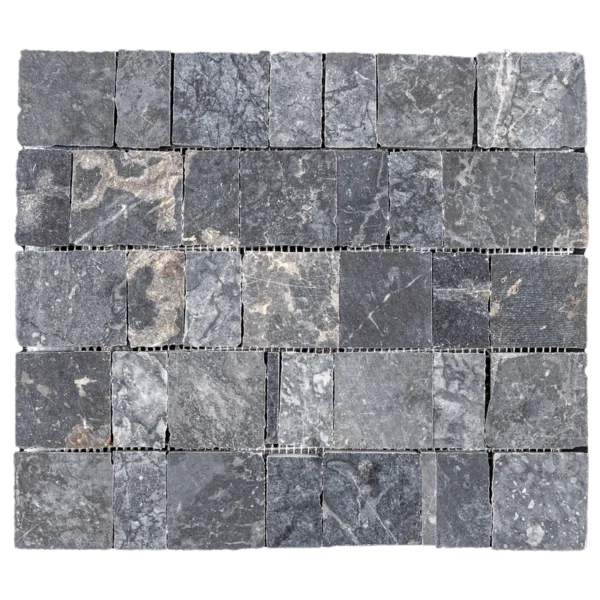 Single mesh-mounted sheet of Pearl Black 1x1 marble mosaic in a uniform grid, dark grey tones, honed surface.