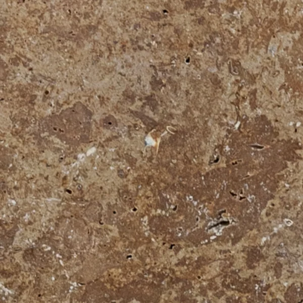 Close-up of 12x24 Romano travertine paver featuring mottled chestnut and cocoa hues with characteristic porous texture and rustic tumbled finish.