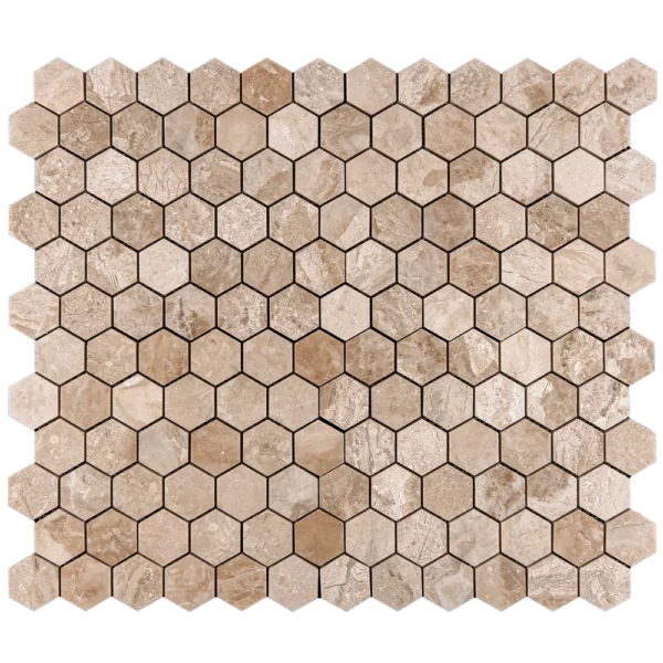 Royal Beige 2-inch hexagon polished marble mosaic tile — full sheet, honeycomb pattern in warm beige/tan tones.