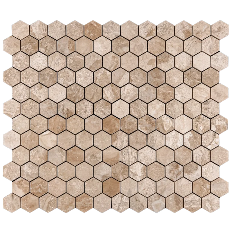 Royal Beige 2-inch hexagon polished marble mosaic tile — full sheet, honeycomb pattern in warm beige/tan tones.