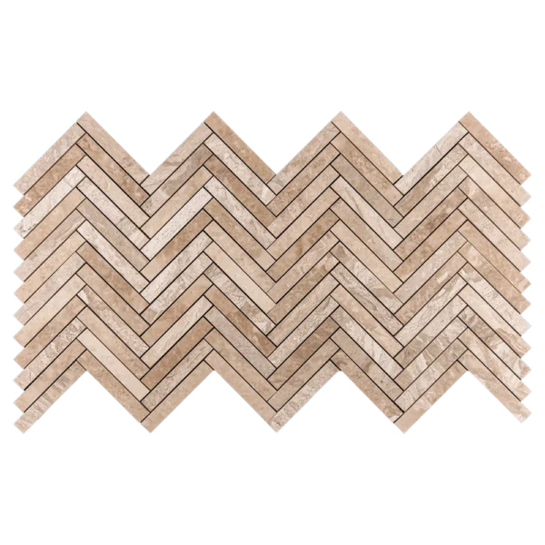 Full sheet of Royal Beige 1x6 honed marble mosaic tile in herringbone pattern, featuring warm beige tones and natural stone texture.