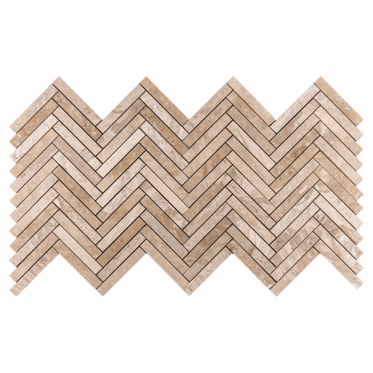Full sheet of Royal Beige 1x6 honed marble mosaic tile in herringbone pattern, featuring warm beige tones and natural stone texture.