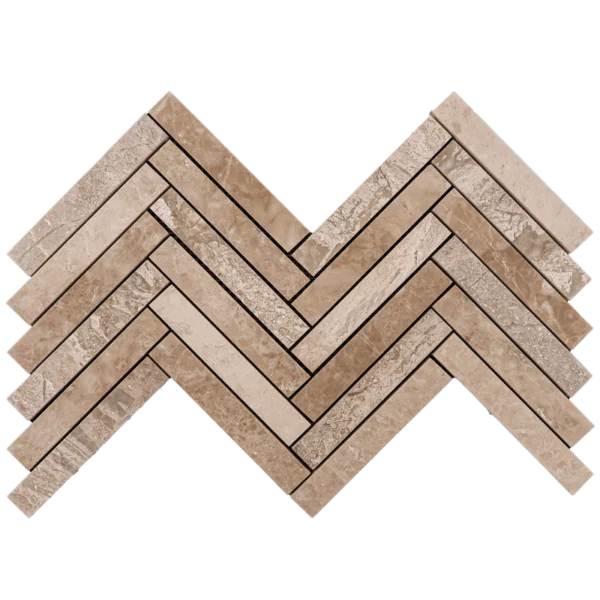 Half sheet of Royal Beige 1x6 honed marble mosaic in herringbone layout, showcasing the earthy beige marble color and matte surface.