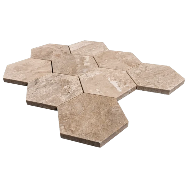 Angled perspective of Royal Beige 4-inch honeycomb honed marble mosaic sheet, displaying interlocking hexagon design.