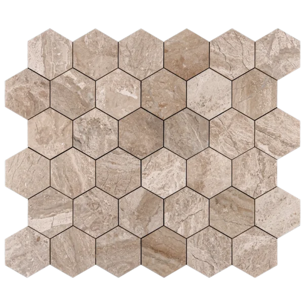 Full sheet of Royal Beige 4-inch honeycomb honed marble mosaic tile, featuring hexagonal pattern and uniform earthy beige color.