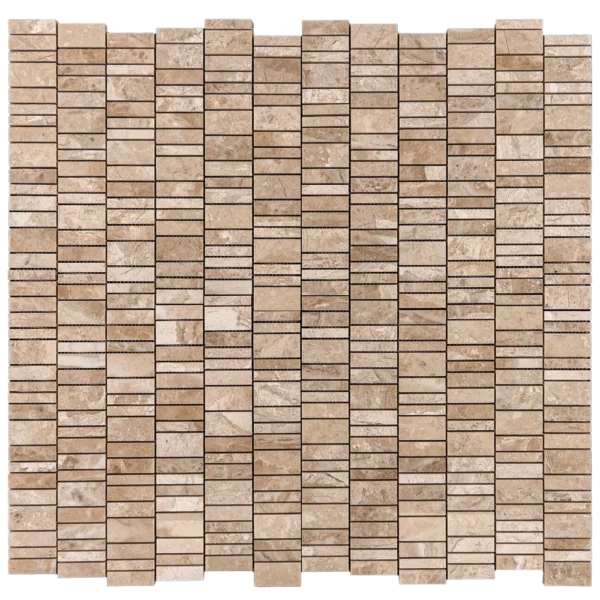 Overhead view of Royal Beige strip linear polished mosaic tile sheet—narrow beige marble strips on mesh.