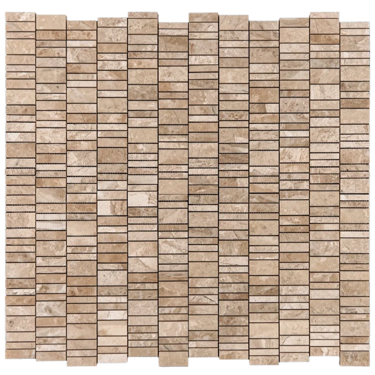 Overhead view of Royal Beige strip linear polished mosaic tile sheet—narrow beige marble strips on mesh.