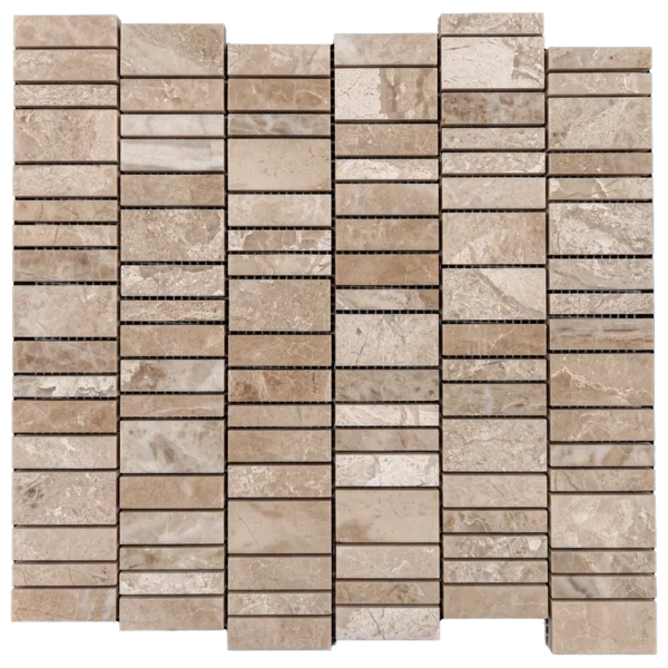 Frontal crop of Royal Beige strip linear mosaic with stacked rectangular pattern and even grout joints.
