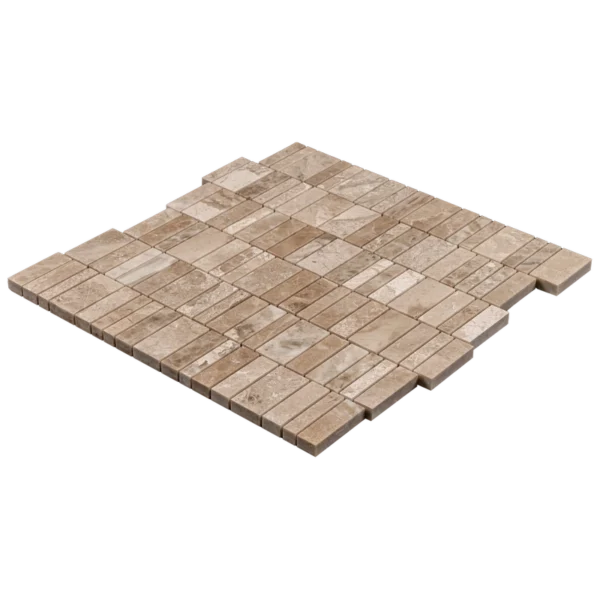 Three-quarter perspective of Royal Beige strip linear mosaic sheet, interlocking edges and tile thickness visible.