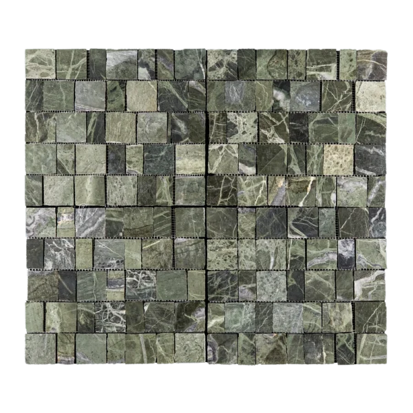Front view of Ruby Green marble pixel honed mosaic—grid of small square tiles on mesh, varied green tones with subtle white veining.