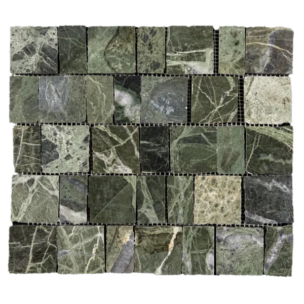 Single sheet, front view—Ruby Green marble pixel mosaic with evenly spaced small squares on mesh backing.