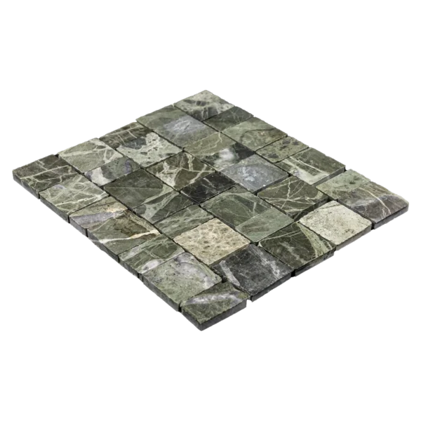 Three-quarter perspective of the Ruby Green marble pixel mosaic, showing tile thickness and honed edges.
