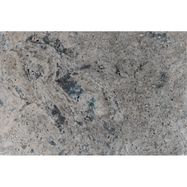 Silver Tumbled Travertine Paver, 16" x 24" — full tile view in cool gray-beige tones with blue-gray veining and natural pits; tumbled, matte surface.