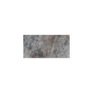 rectangular paver on a white background showing a blend of silver-gray, taupe, and cream swirls with natural pits and softly tumbled edges.
