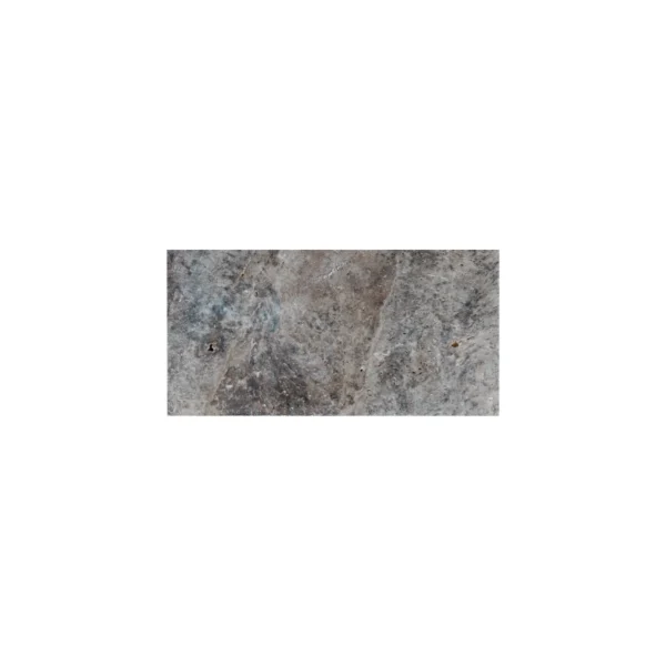 rectangular paver on a white background showing a blend of silver-gray, taupe, and cream swirls with natural pits and softly tumbled edges.