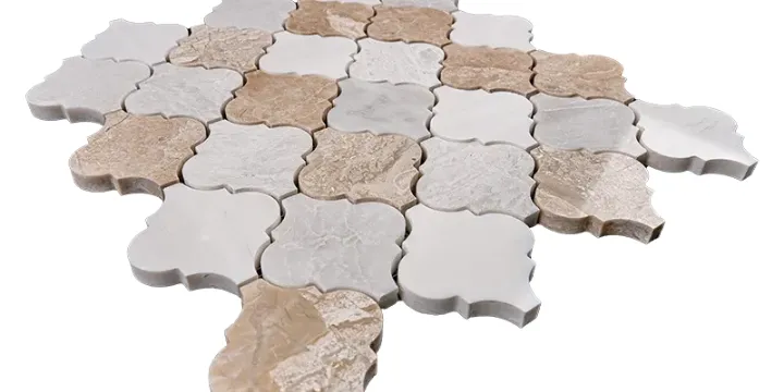 Arabesque (lantern) marble mosaic tiles used as a kitchen backsplash