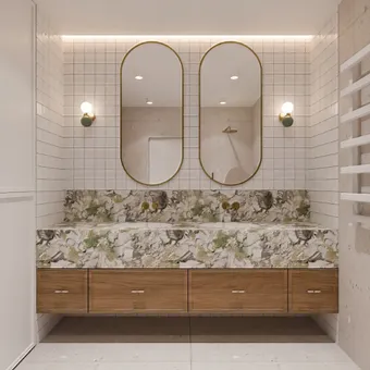 Luxury bathroom featuring decorative marble mosaic tile