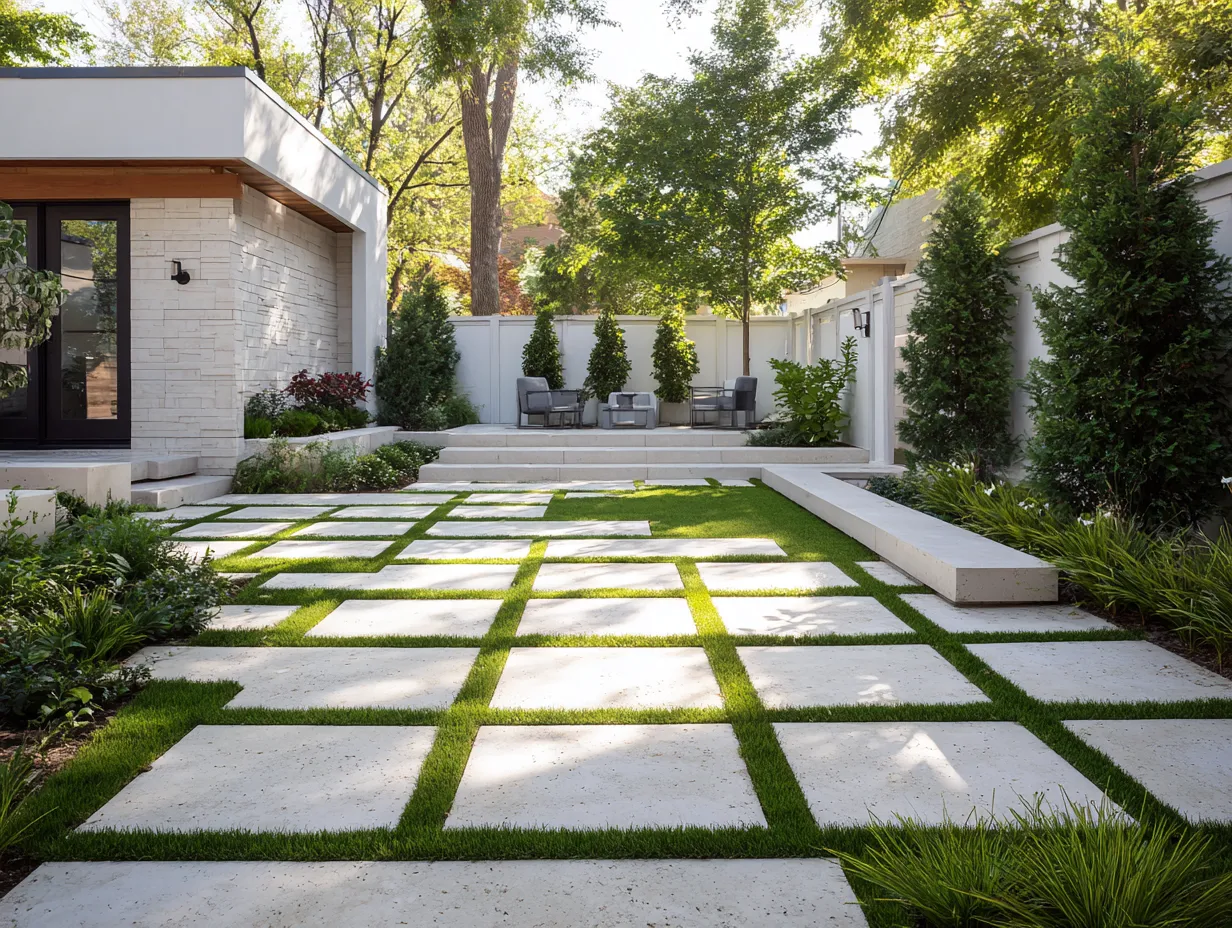 Durable limestone or granite paver driveway in ashlar pattern