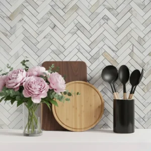 calacatta 1x4 inc herringbone pattern backsplash mosaic tile