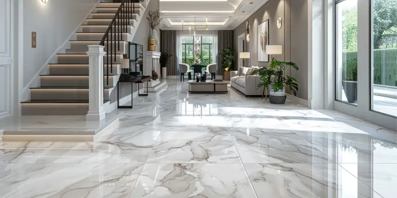 Modern living room featuring elegant marble flooring in soft white with natural veining