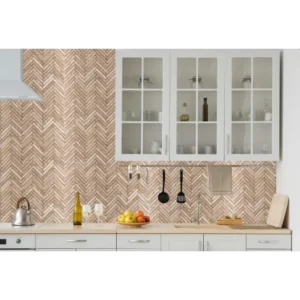 royal beige marble mosaic herringbone kitchen backplash design