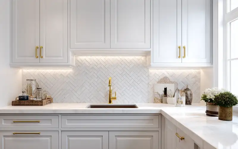 Ultra-realistic interior photo of a luxury kitchen backsplash featuring white Dolomite marble herringbone mosaic