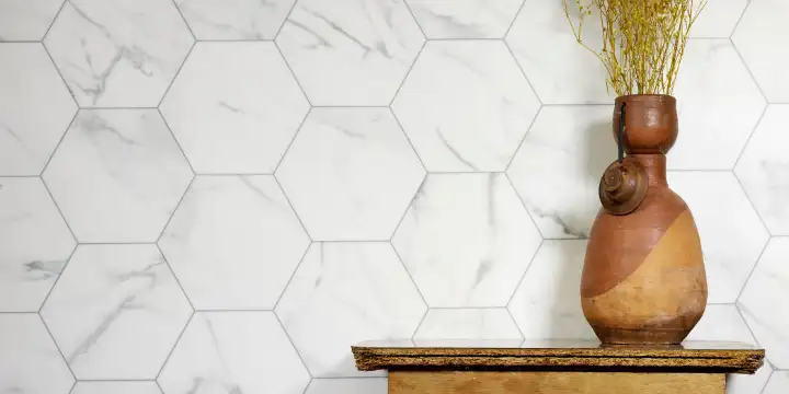 white hexagon backsplash tile