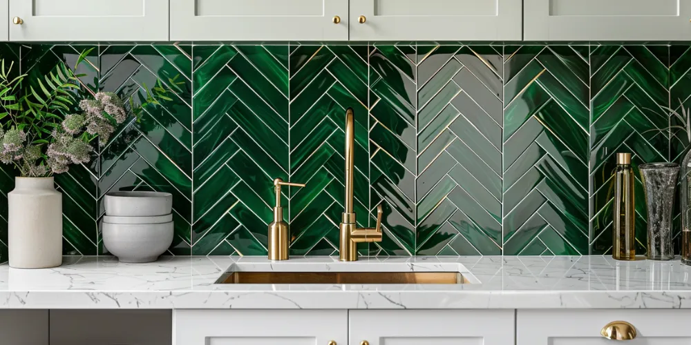 Modern kitchen backsplash with bold green mosaic tiles