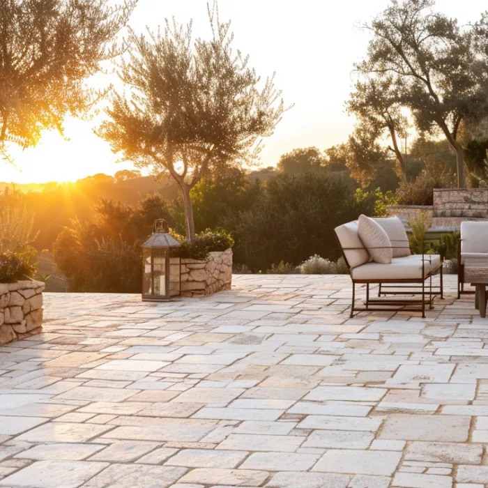 Poolside deck with tumbled travertine laid in French Pattern