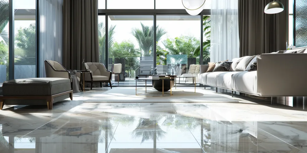 Luxury living room with polished marble flooring