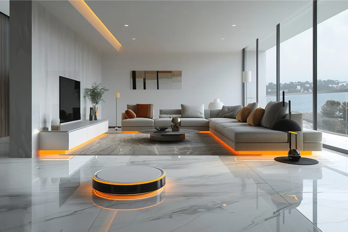 Large-format tile for floors in a contemporary living space with light neutral tones