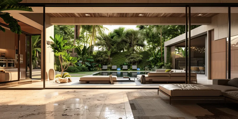 Seamless indoor-outdoor space with travertine tiles