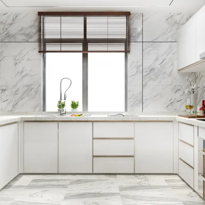 Polished Carrara White marble tile reflecting light